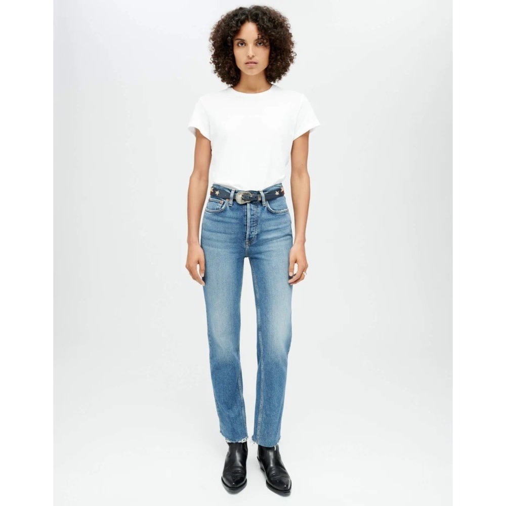 RE/DONE 70's Stove Pipe Jeans Comfort Stretch High Rise in MID 70S Blue Size 24